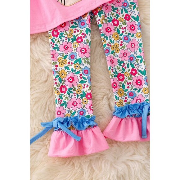 Easter Bunny applique on pink tunic & colorful floral printed pants. OFG50278 JE - Picture 3 of 3